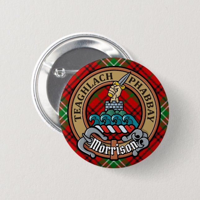 Clan Morrison Crest over Red Tartan 2 Inch Round Button (Front & Back)