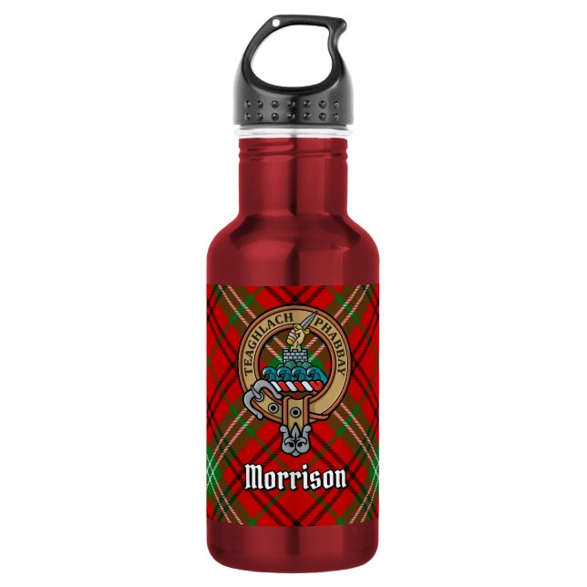 Clan Morrison Crest over Red Tartan 532 Ml Water Bottle (Front)