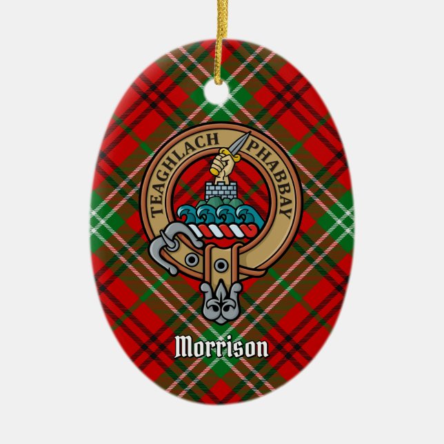 Clan Morrison Crest over Red Tartan Ceramic Ornament (Front)