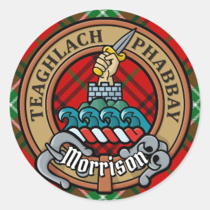 Clan Morrison Crest over Red Tartan Classic Round Sticker