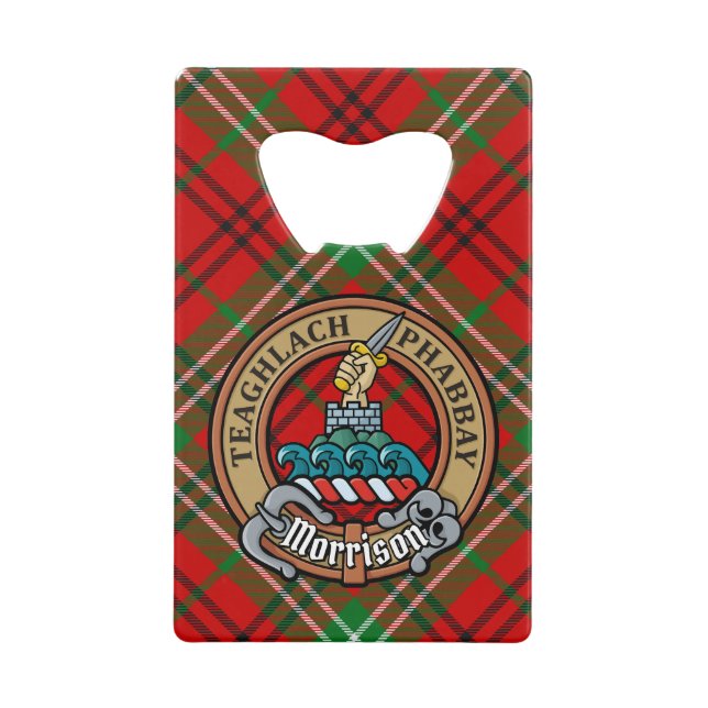 Clan Morrison Crest over Red Tartan Credit Card Bottle Opener (Front)