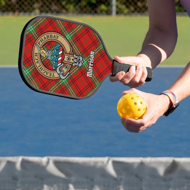 Clan Morrison Crest over Red Tartan Keychain Pickleball Paddle (Insitu)
