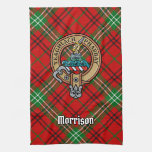 Clan Morrison Crest over Red Tartan Kitchen Towel