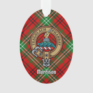 Clan Morrison Crest over Red Tartan Ornament