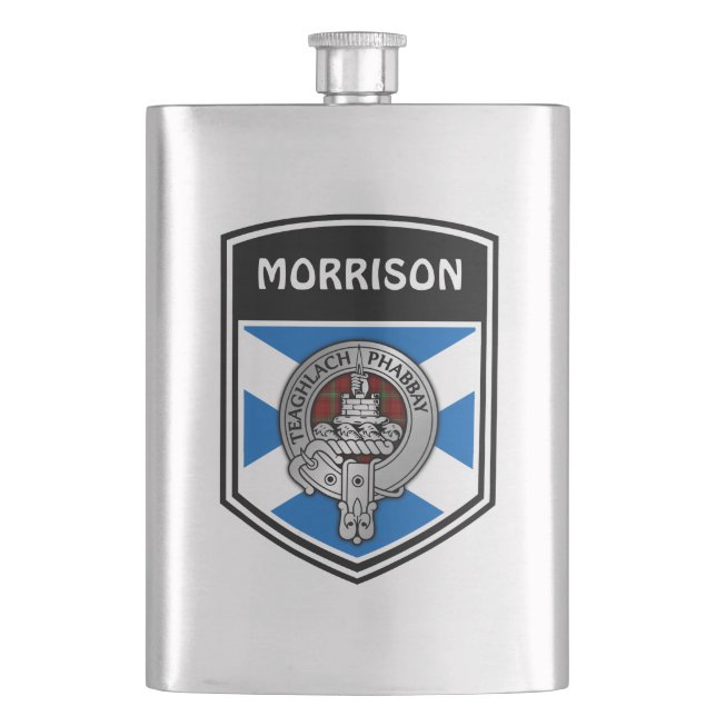 Clan Morrison Crest & Tartan Hip Flask (Front)