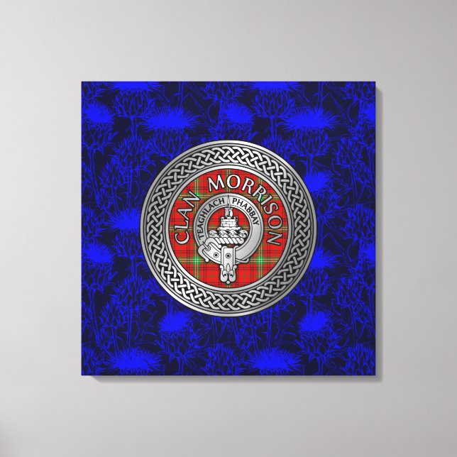 Clan Morrison Crest & Tartan Knot on Thistle Canvas Print (Front)