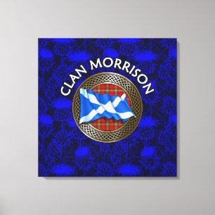 Clan Morrison Crest & Tartan Knot on Thistle Canvas Print