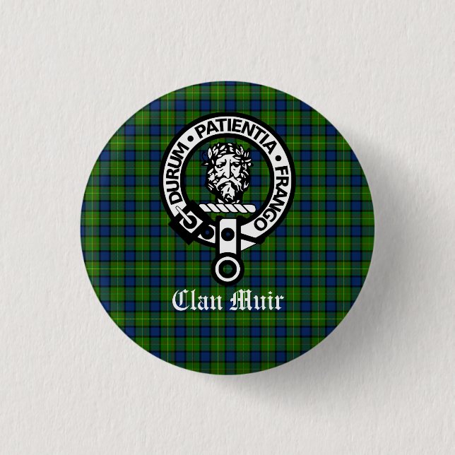Clan Muir Crest Badge and Tartan 1 Inch Round Button (Front)