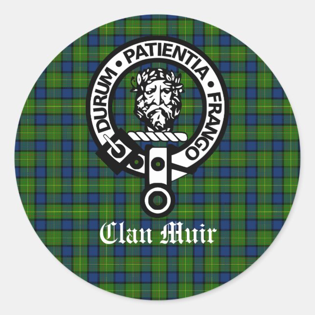 Clan Muir Crest Badge and Tartan Classic Round Sticker (Front)