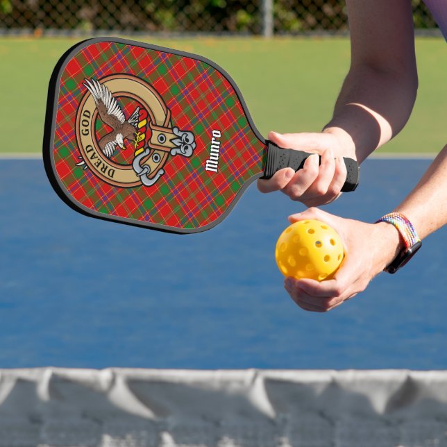 Clan Munro Crest over Tartan Pickleball Paddle (Insitu)