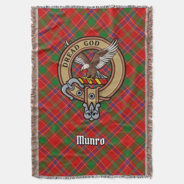 Clan Munro Crest over Tartan Throw Blanket (Front Vertical)