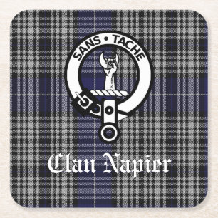 Clan Napier Crest Badge and Tartan Square Paper Coaster