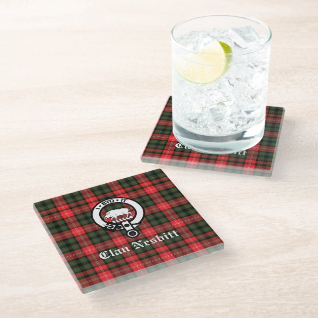 Clan Nesbitt Crest Badge & Tartan Personalized Glass Coaster (Angled)