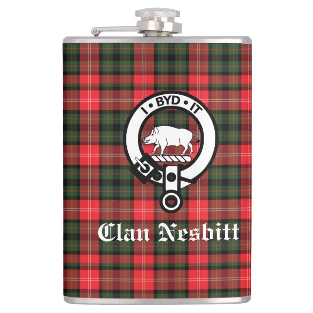 Clan Nesbitt Crest Badge & Tartan Personalized Hip Flask (Front)