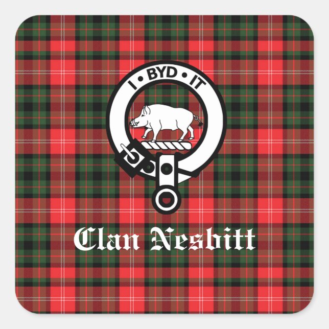 Clan Nesbitt Crest Badge & Tartan Personalized Square Sticker (Front)