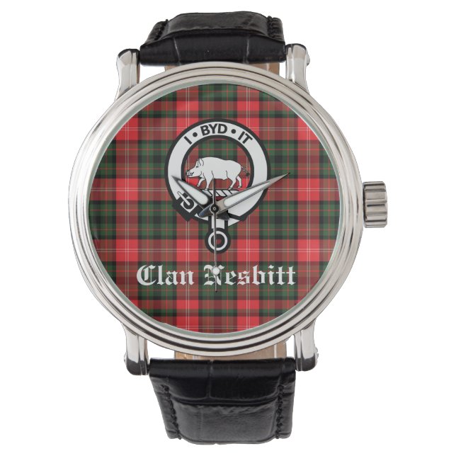 Clan Nesbitt Crest Badge & Tartan Personalized Watch (Front)