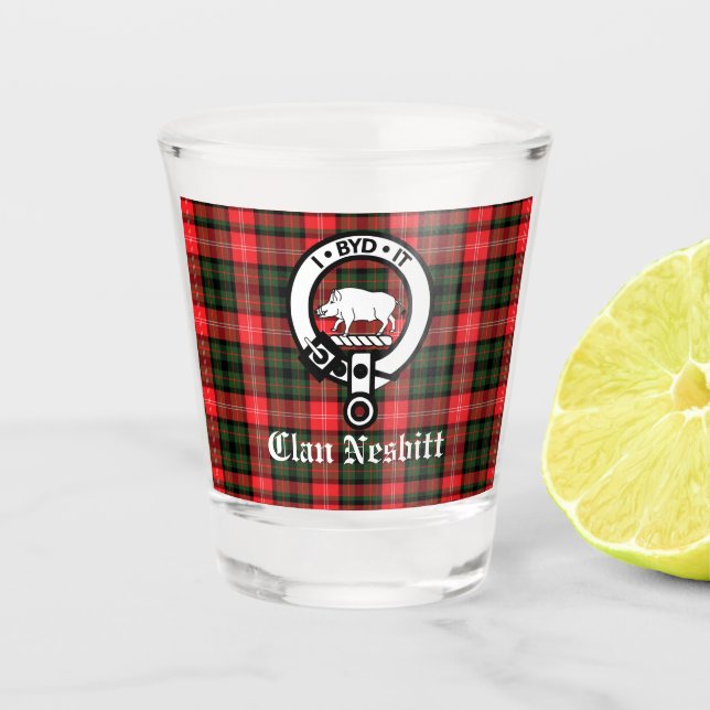 Clan Nesbitt Crest Badge & Tartan   Shot Glass (Front)
