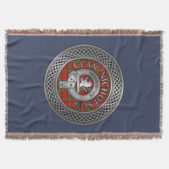 Clan Nicholson Crest & Tartan Knot Throw Blanket (Front)