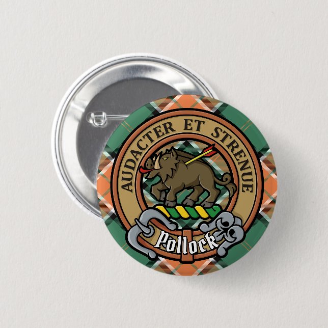 Clan Pollock Crest over Tartan 2 Inch Round Button (Front & Back)