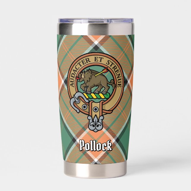 Clan Pollock Crest over Tartan Insulated Tumbler (Front)