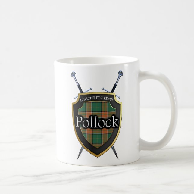 Clan Pollock Tartan Shield and Swords Coffee Mug (Right)