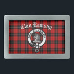 Clan Ramsay Crest Badge & Tartan Belt Buckle<br><div class="desc">Scottish Clan Ramsay crest badge and customizable text on clan tartan background</div>