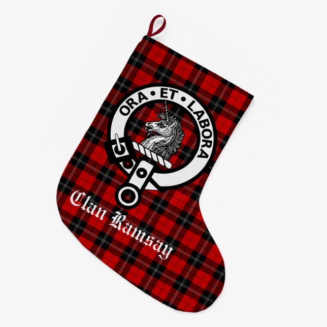 Clan Ramsay Crest Badge & Tartan Large Christmas Stocking (Front (Hanging))