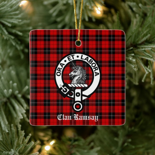 Clan Ramsay Crest Badge & Tartan Personalized Ceramic Ornament (Tree)