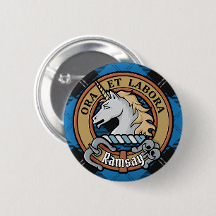 Clan Ramsay Crest over Blue Hunting Tartan 2 Inch Round Button