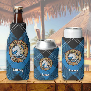 Clan Ramsay Crest over Blue Hunting Tartan Bottle Cooler