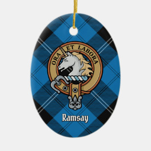 Clan Ramsay Crest over Blue Hunting Tartan Ceramic Ornament