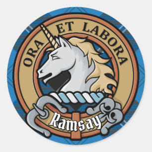 Clan Ramsay Crest over Blue Hunting Tartan Classic Round Sticker