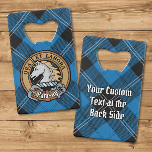 Clan Ramsay Crest over Blue Hunting Tartan Credit Card Bottle Opener
