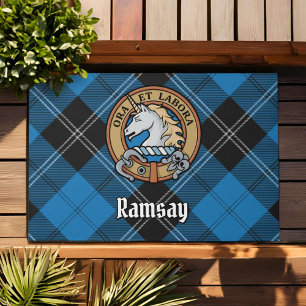 Clan Ramsay Crest over Blue Hunting Tartan Doormat