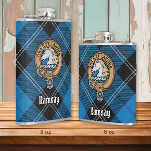 Clan Ramsay Crest over Blue Hunting Tartan Hip Flask