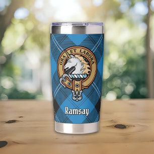 Clan Ramsay Crest over Blue Hunting Tartan Insulated Tumbler