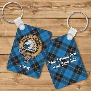 Clan Ramsay Crest over Blue Hunting Tartan Keychain
