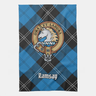 Clan Ramsay Crest over Blue Hunting Tartan Kitchen Towel