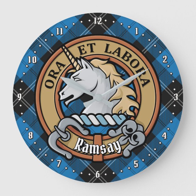 Clan Ramsay Crest over Blue Hunting Tartan Large Clock (Front)