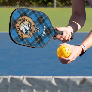 Clan Ramsay Crest over Blue Hunting Tartan Pickleball Paddle