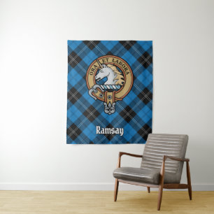 Clan Ramsay Crest over Blue Hunting Tartan Tapestry