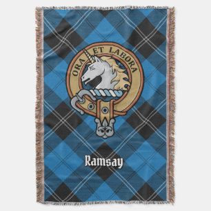 Clan Ramsay Crest over Blue Hunting Tartan Throw Blanket