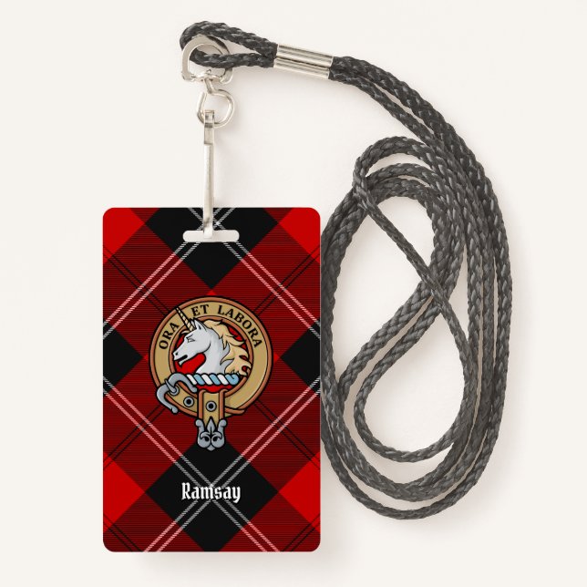 Clan Ramsay Crest over Red Tartan Badge (Front with Lanyard)