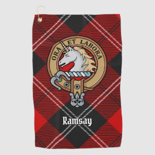 Clan Ramsay Crest over Red Tartan Golf Towel