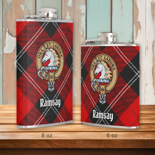 Clan Ramsay Crest over Red Tartan Hip Flask