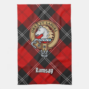 Clan Ramsay Crest over Red Tartan Kitchen Towel