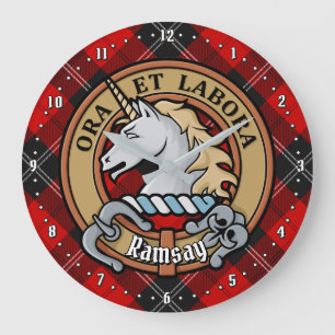 Clan Ramsay Crest over Red Tartan Large Clock