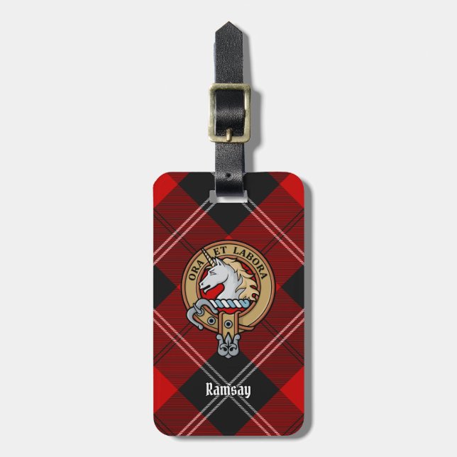 Clan Ramsay Crest over Red Tartan Luggage Tag (Front Vertical)