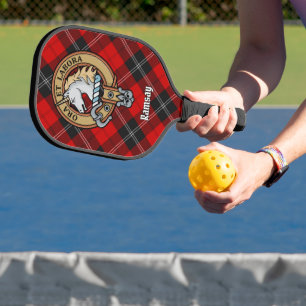 Clan Ramsay Crest over Red Tartan Pickleball Paddle