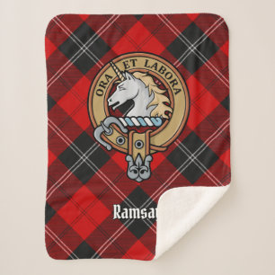 Clan Ramsay Crest over Red Tartan Sherpa Blanket